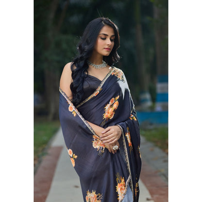 Aparnaa Black Satin Flower Handwork Embroidery Saree with Unstitched Blouse