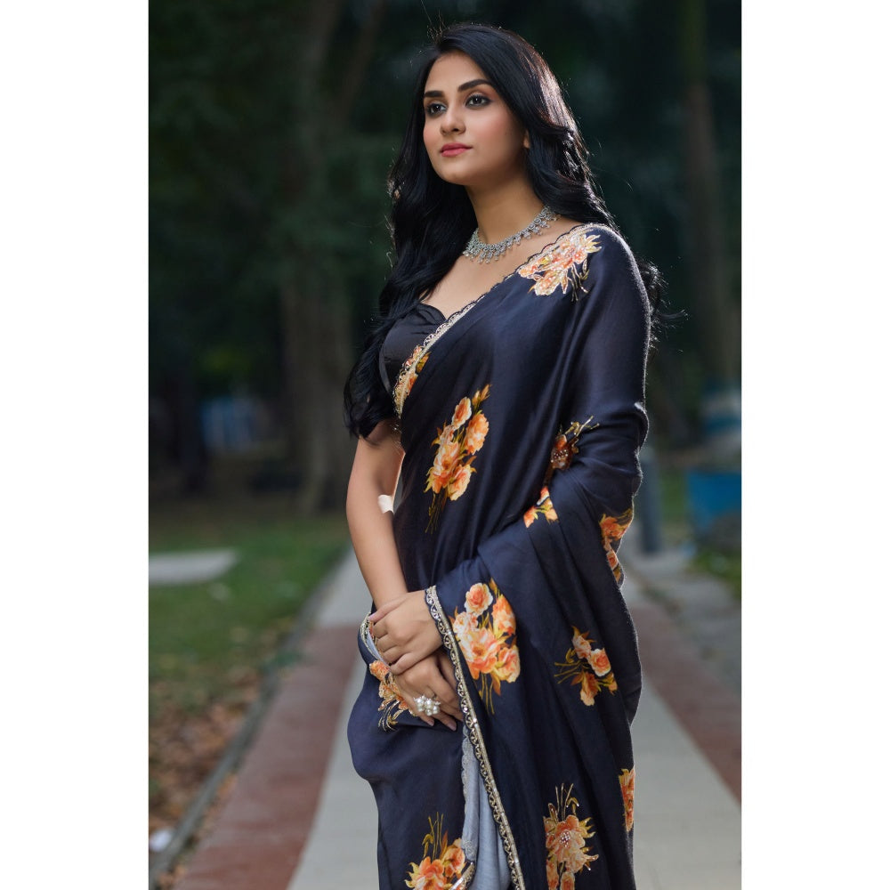 Aparnaa Black Satin Flower Handwork Embroidery Saree with Unstitched Blouse