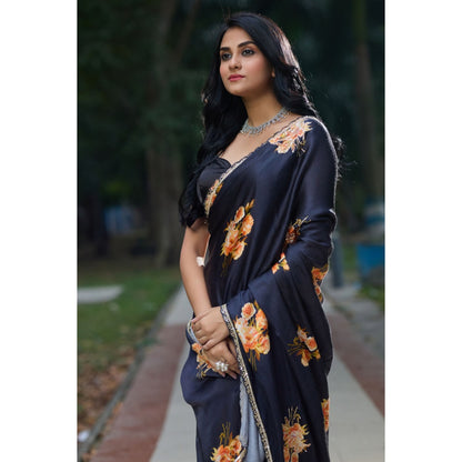 Aparnaa Black Satin Flower Handwork Embroidery Saree with Unstitched Blouse
