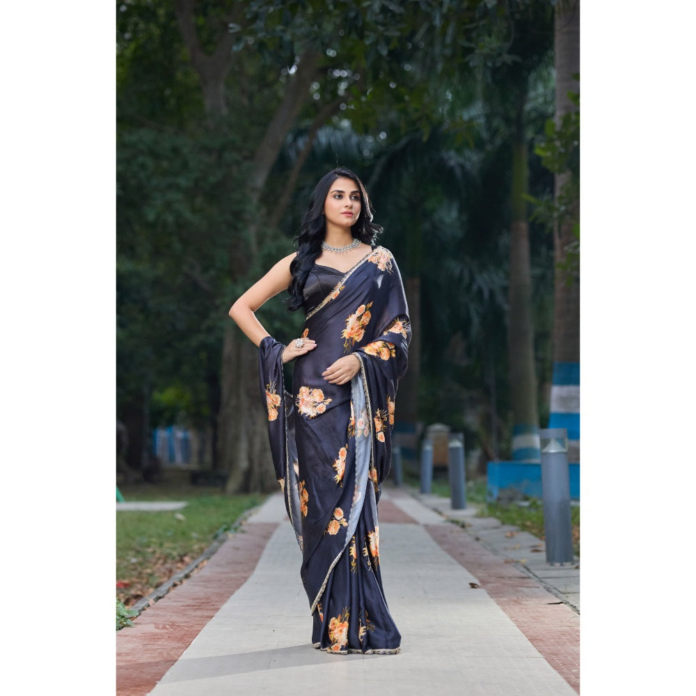 Aparnaa Black Satin Flower Handwork Embroidery Saree with Unstitched Blouse