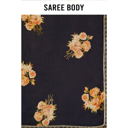 Aparnaa Black Satin Flower Handwork Embroidery Saree with Unstitched Blouse