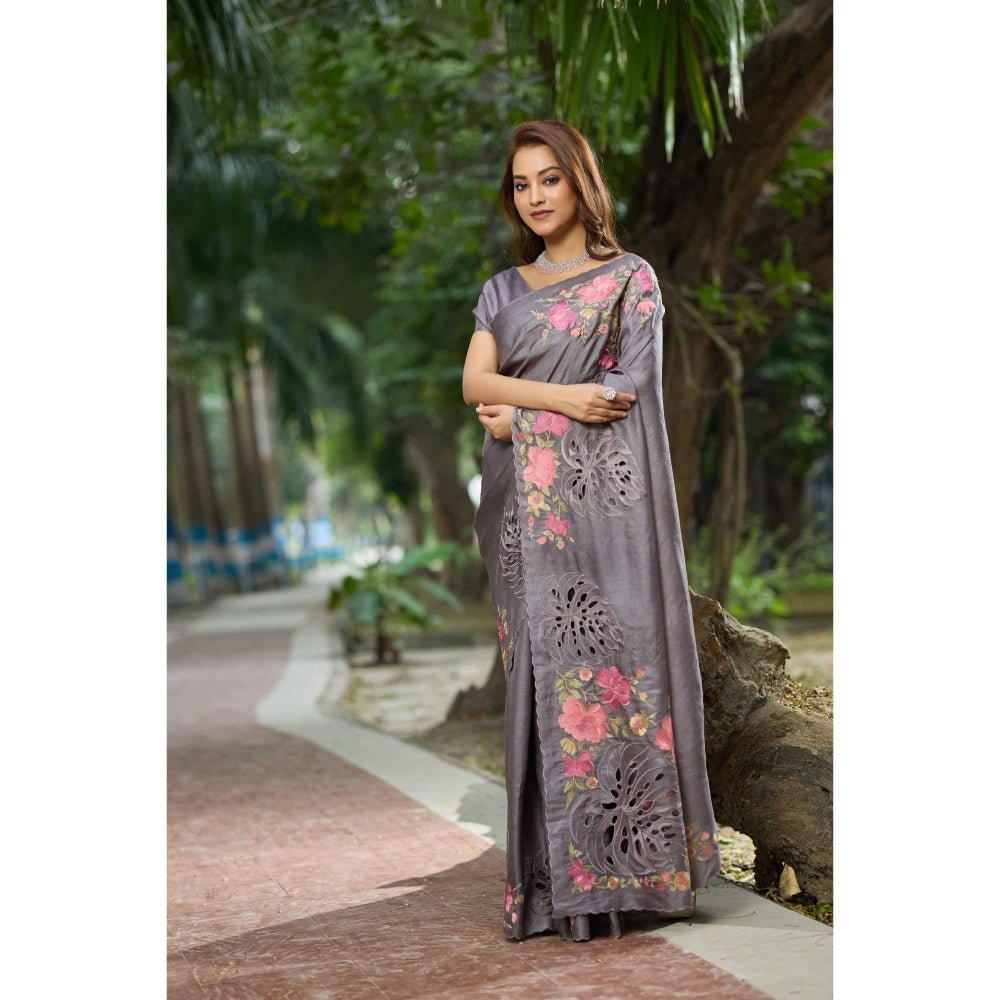 Aparnaa Grey Tussar Cutwork and Hand Embroidery Saree with Unstitched Blouse