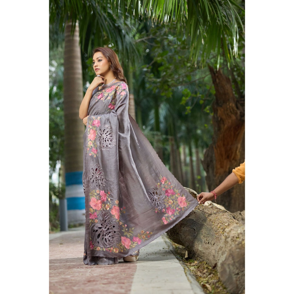 Aparnaa Grey Tussar Cutwork and Hand Embroidery Saree with Unstitched Blouse