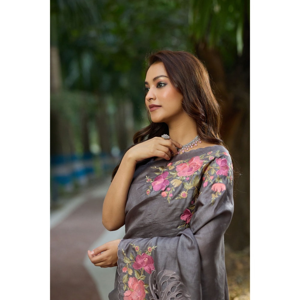 Aparnaa Grey Tussar Cutwork and Hand Embroidery Saree with Unstitched Blouse