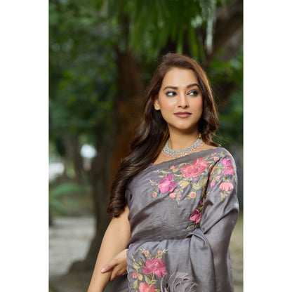 Aparnaa Grey Tussar Cutwork and Hand Embroidery Saree with Unstitched Blouse