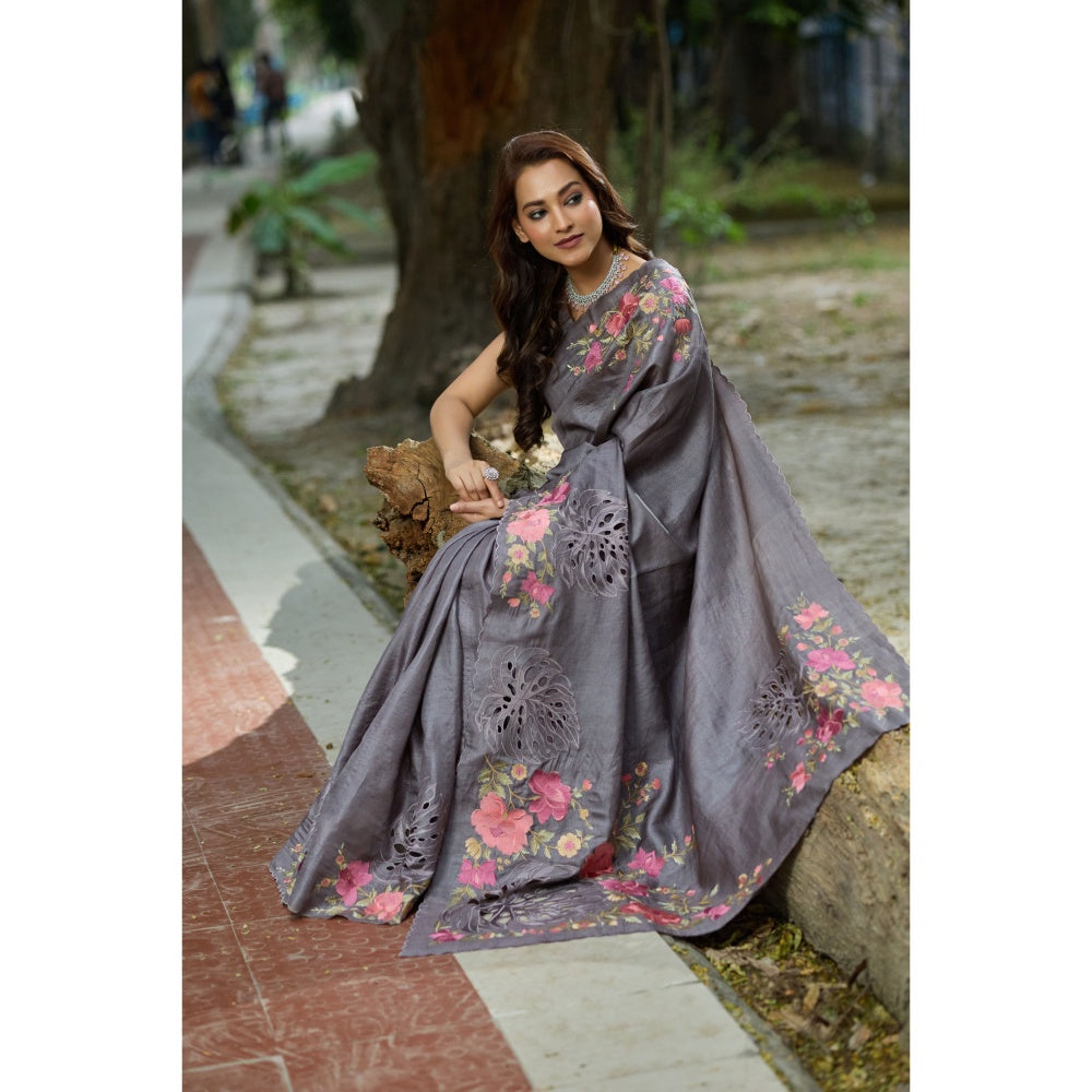 Aparnaa Grey Tussar Cutwork and Hand Embroidery Saree with Unstitched Blouse