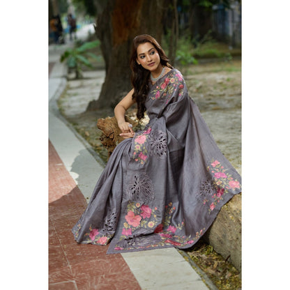 Aparnaa Grey Tussar Cutwork and Hand Embroidery Saree with Unstitched Blouse