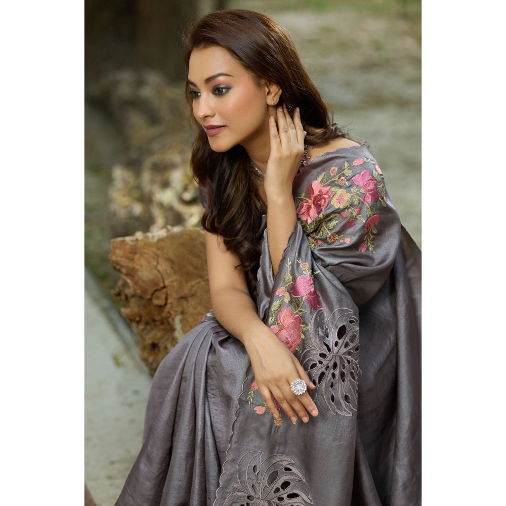Aparnaa Grey Tussar Cutwork and Hand Embroidery Saree with Unstitched Blouse