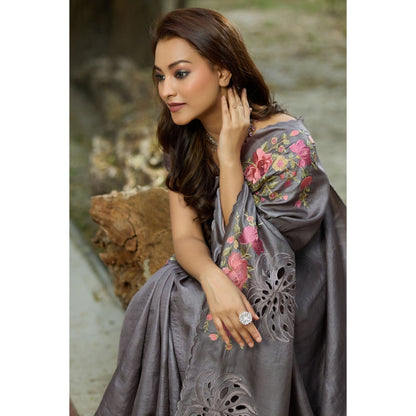 Aparnaa Grey Tussar Cutwork and Hand Embroidery Saree with Unstitched Blouse