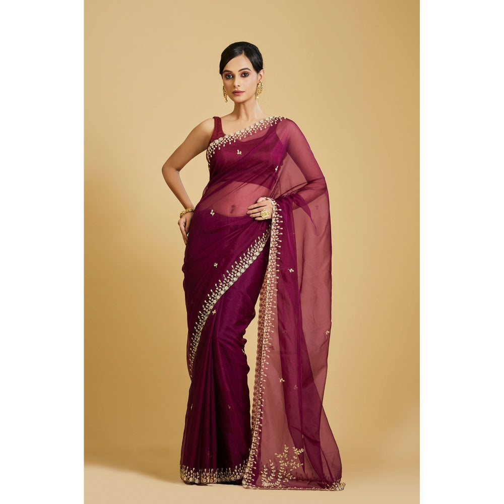 Aparnaa Magenta Organza Intricate Hand Embroidered Border Saree with Unstitched Blouse