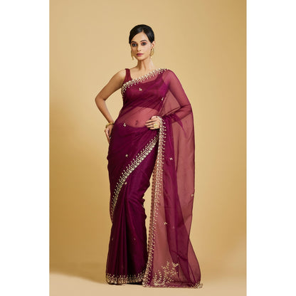 Aparnaa Magenta Organza Intricate Hand Embroidered Border Saree with Unstitched Blouse