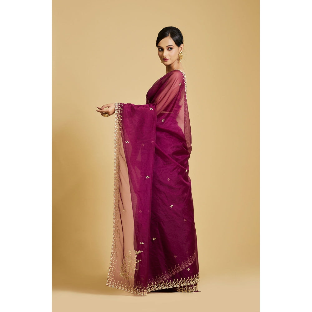Aparnaa Magenta Organza Intricate Hand Embroidered Border Saree with Unstitched Blouse