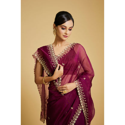 Aparnaa Magenta Organza Intricate Hand Embroidered Border Saree with Unstitched Blouse