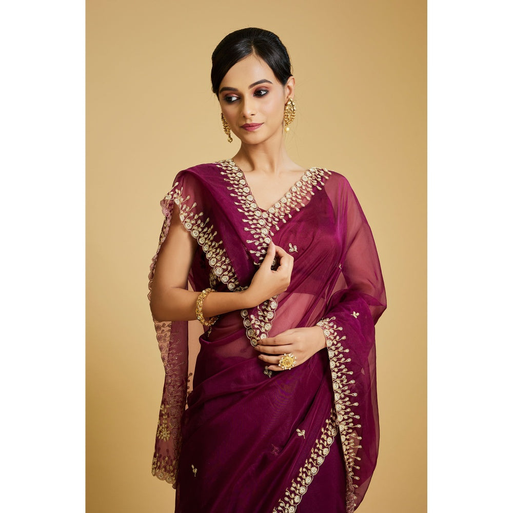 Aparnaa Magenta Organza Intricate Hand Embroidered Border Saree with Unstitched Blouse