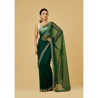 Aparnaa Deep Green Organza Elegant Hand Embroidery Saree with Unstitched Blouse