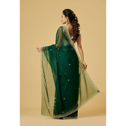 Aparnaa Deep Green Organza Elegant Hand Embroidery Saree with Unstitched Blouse