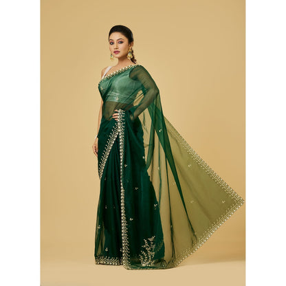 Aparnaa Deep Green Organza Elegant Hand Embroidery Saree with Unstitched Blouse