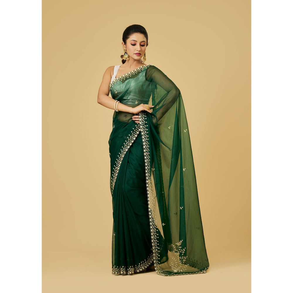 Aparnaa Deep Green Organza Elegant Hand Embroidery Saree with Unstitched Blouse