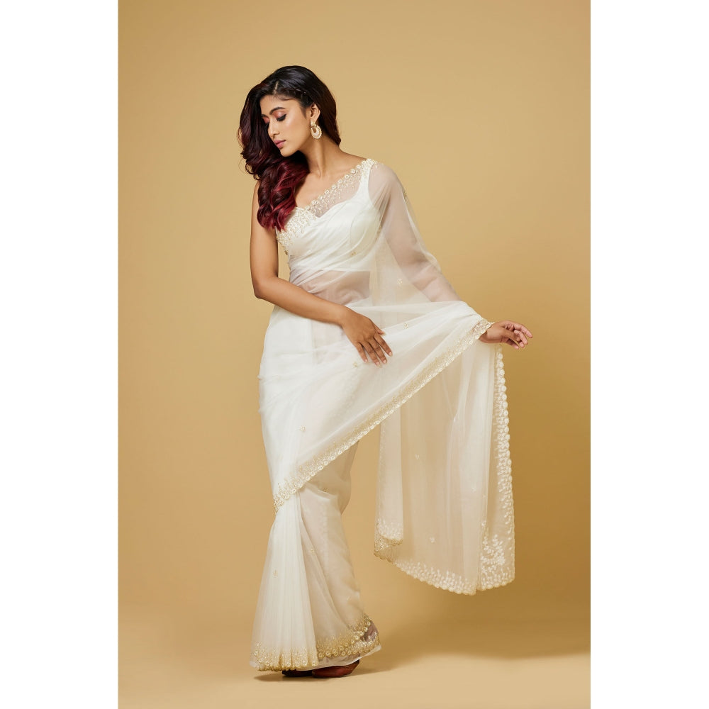 Aparnaa White Organza Pearl Embroidered Border Saree with Unstitched Blouse