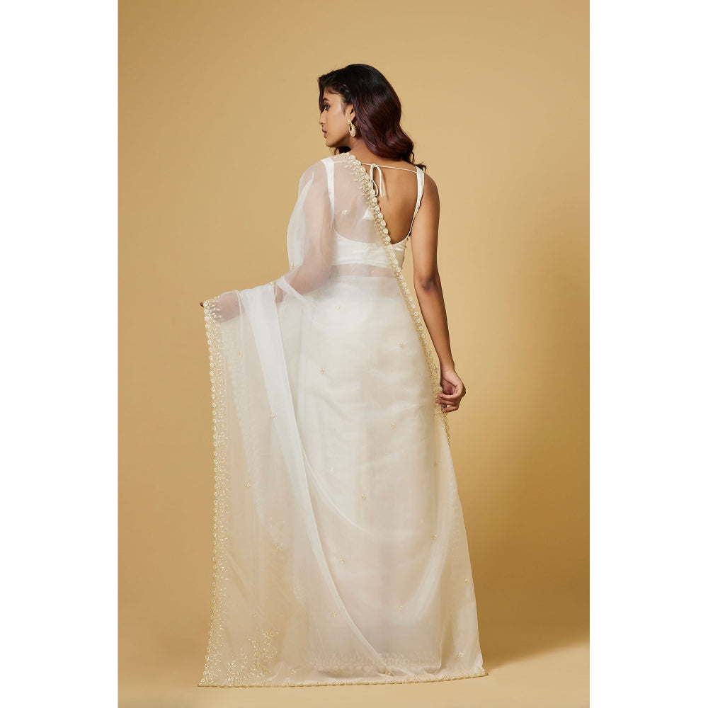 Aparnaa White Organza Pearl Embroidered Border Saree with Unstitched Blouse