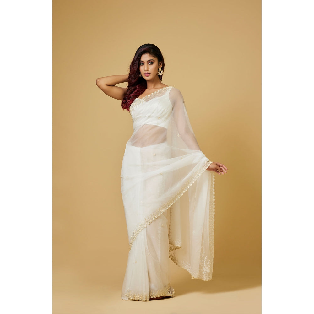 Aparnaa White Organza Pearl Embroidered Border Saree with Unstitched Blouse