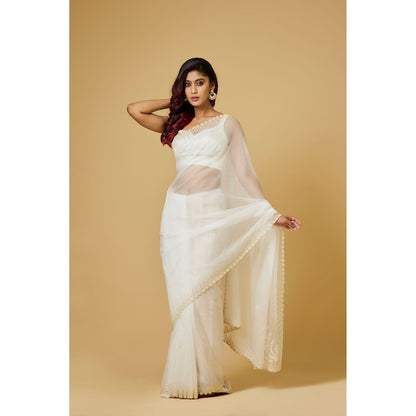 Aparnaa White Organza Pearl Embroidered Border Saree with Unstitched Blouse