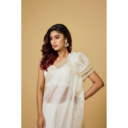 Aparnaa White Organza Pearl Embroidered Border Saree with Unstitched Blouse