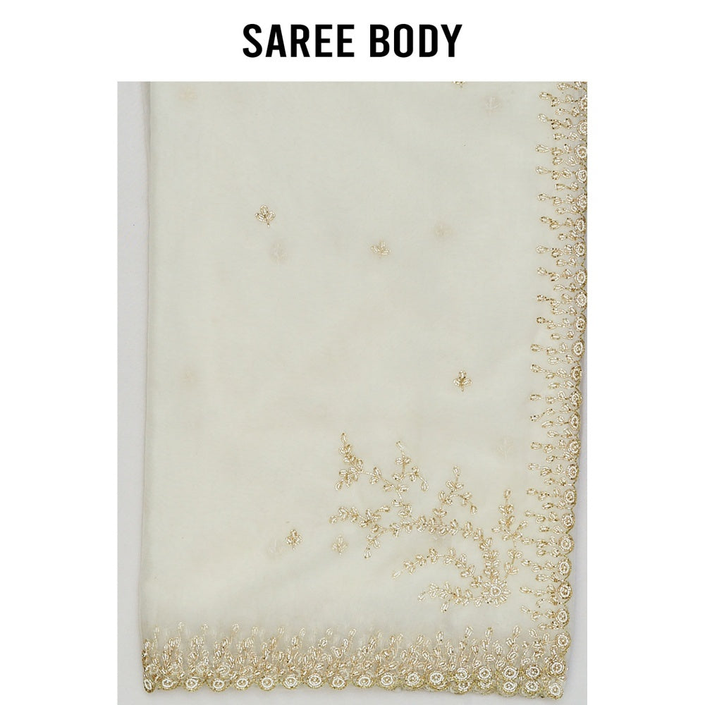 Aparnaa White Organza Pearl Embroidered Border Saree with Unstitched Blouse