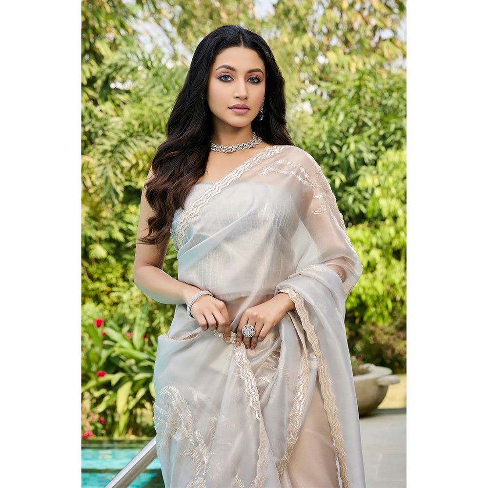 Aparnaa Grey Tissue Hand Embroidered Sequins Zari Border Saree with Unstitched Blouse