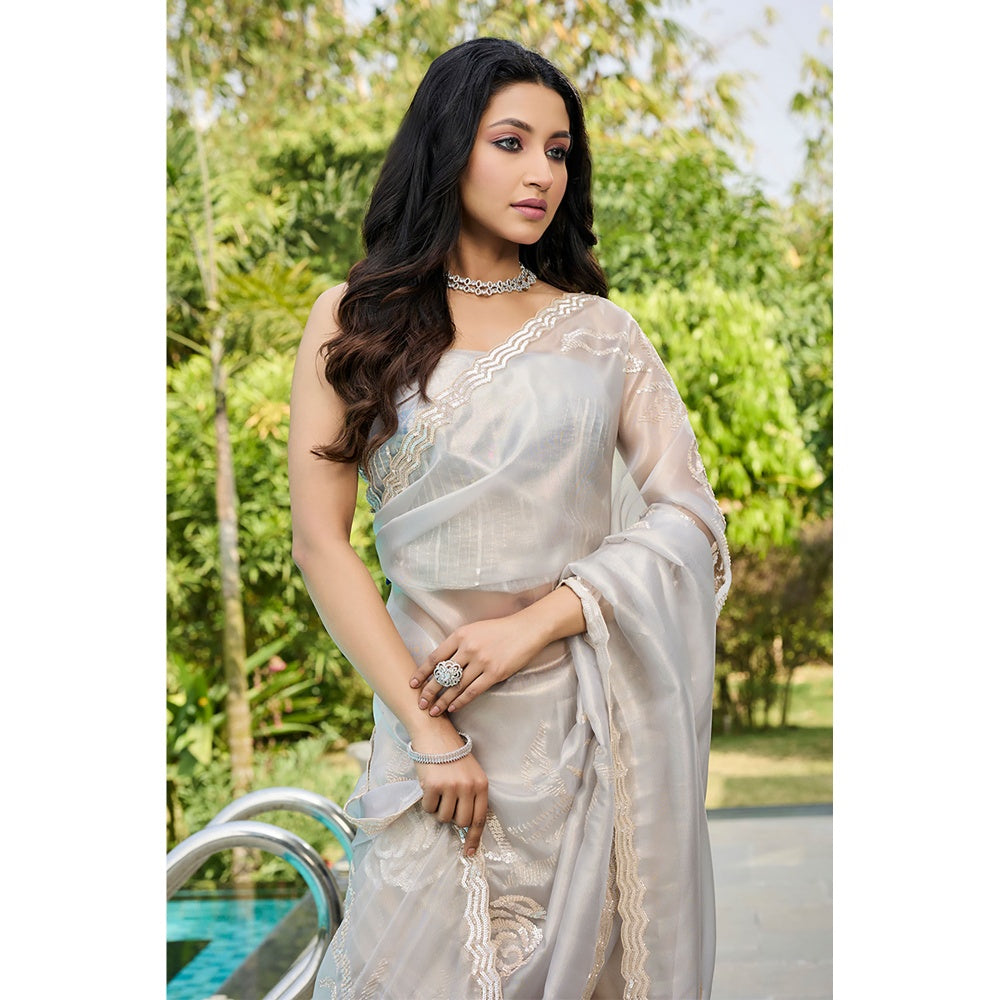 Aparnaa Grey Tissue Hand Embroidered Sequins Zari Border Saree with Unstitched Blouse