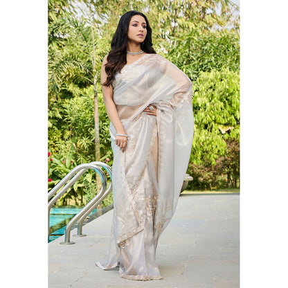 Aparnaa Grey Tissue Hand Embroidered Sequins Zari Border Saree with Unstitched Blouse