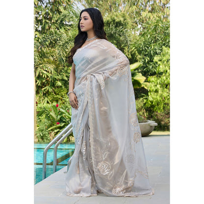Aparnaa Grey Tissue Hand Embroidered Sequins Zari Border Saree with Unstitched Blouse