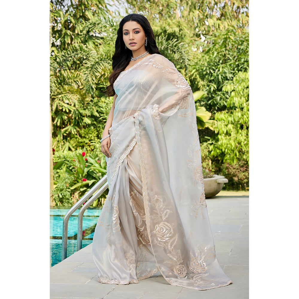 Aparnaa Grey Tissue Hand Embroidered Sequins Zari Border Saree with Unstitched Blouse