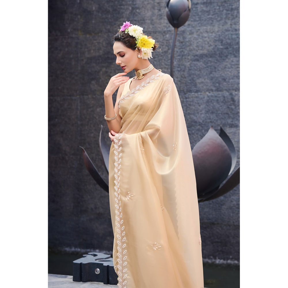 Aparnaa Beige Pearl Leaf Border Hand Embroidered Tissue Saree with Unstitched Blouse
