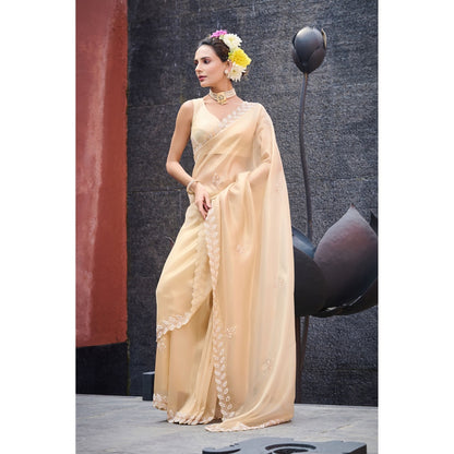 Aparnaa Beige Pearl Leaf Border Hand Embroidered Tissue Saree with Unstitched Blouse