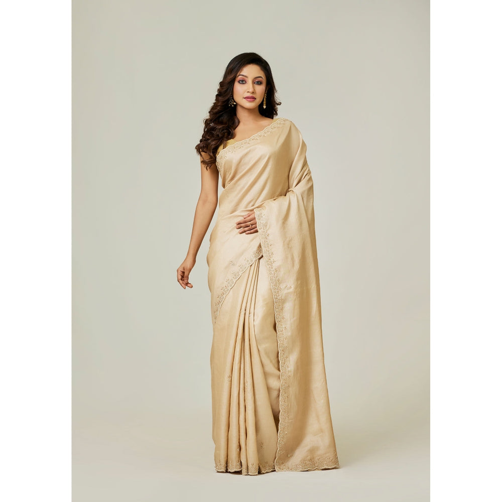 Aparnaa Beige Tussar Pearl And Dabka Hand Embroidery Saree with Unstitched Blouse