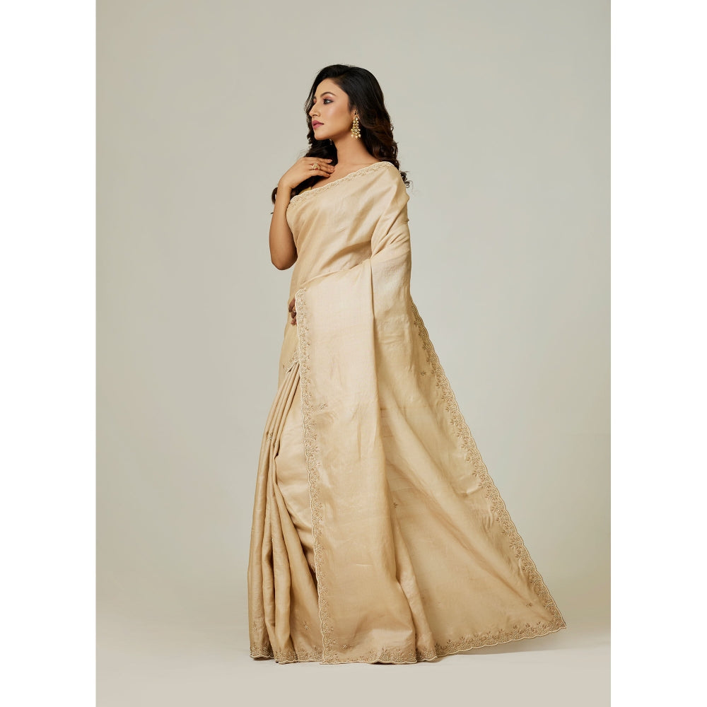 Aparnaa Beige Tussar Pearl And Dabka Hand Embroidery Saree with Unstitched Blouse