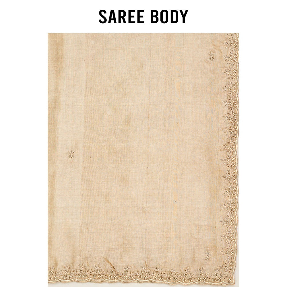 Aparnaa Beige Tussar Pearl And Dabka Hand Embroidery Saree with Unstitched Blouse