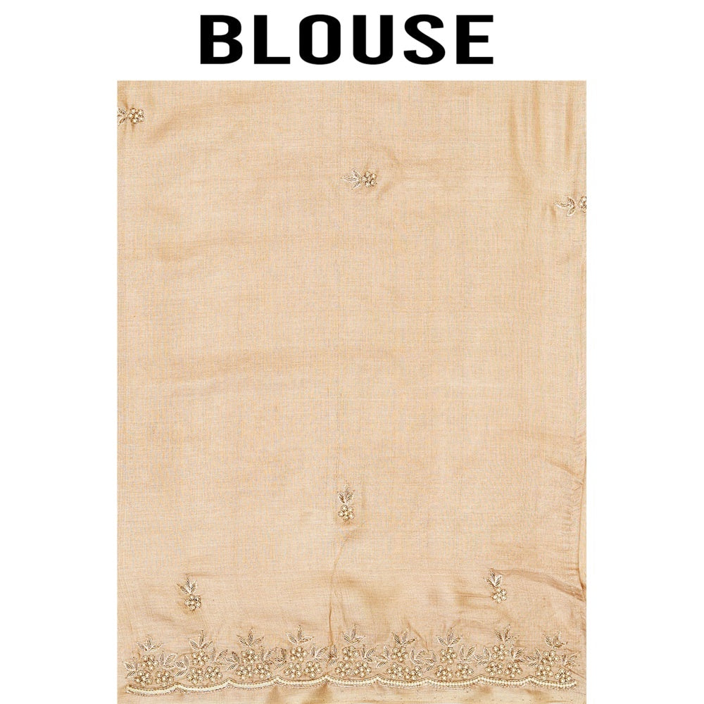 Aparnaa Beige Tussar Pearl And Dabka Hand Embroidery Saree with Unstitched Blouse