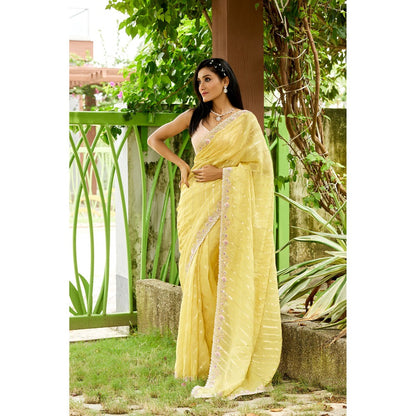 Aparnaa Yellow Viscose Khaddi Hand embroidered Dabka Saree with Unstitched Blouse