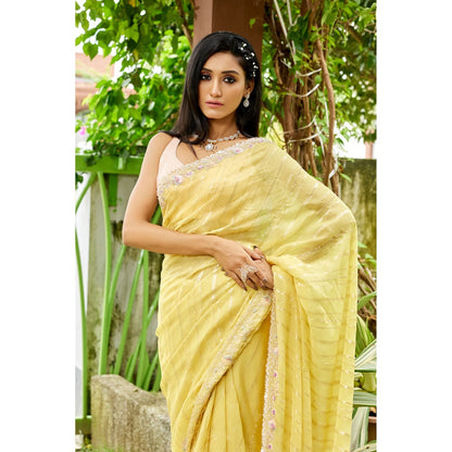 Aparnaa Yellow Viscose Khaddi Hand embroidered Dabka Saree with Unstitched Blouse