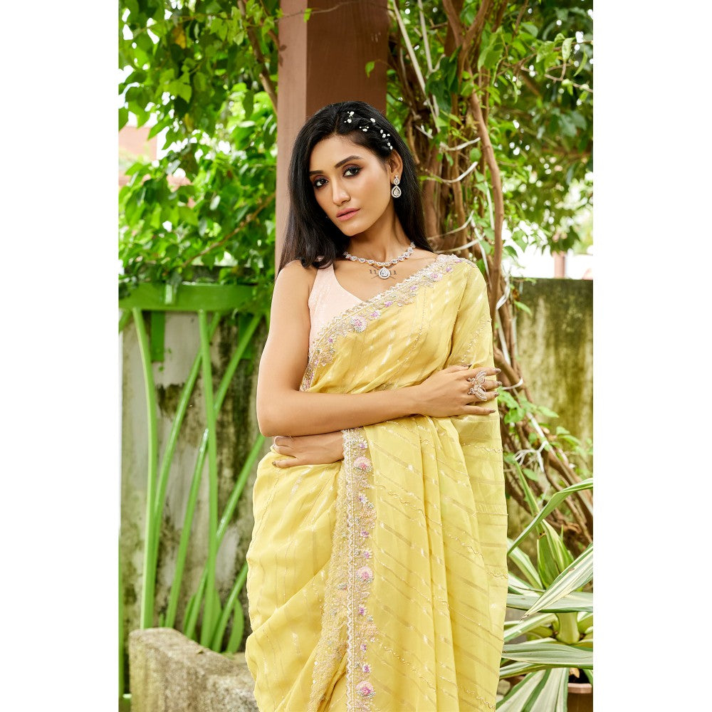 Aparnaa Yellow Viscose Khaddi Hand embroidered Dabka Saree with Unstitched Blouse