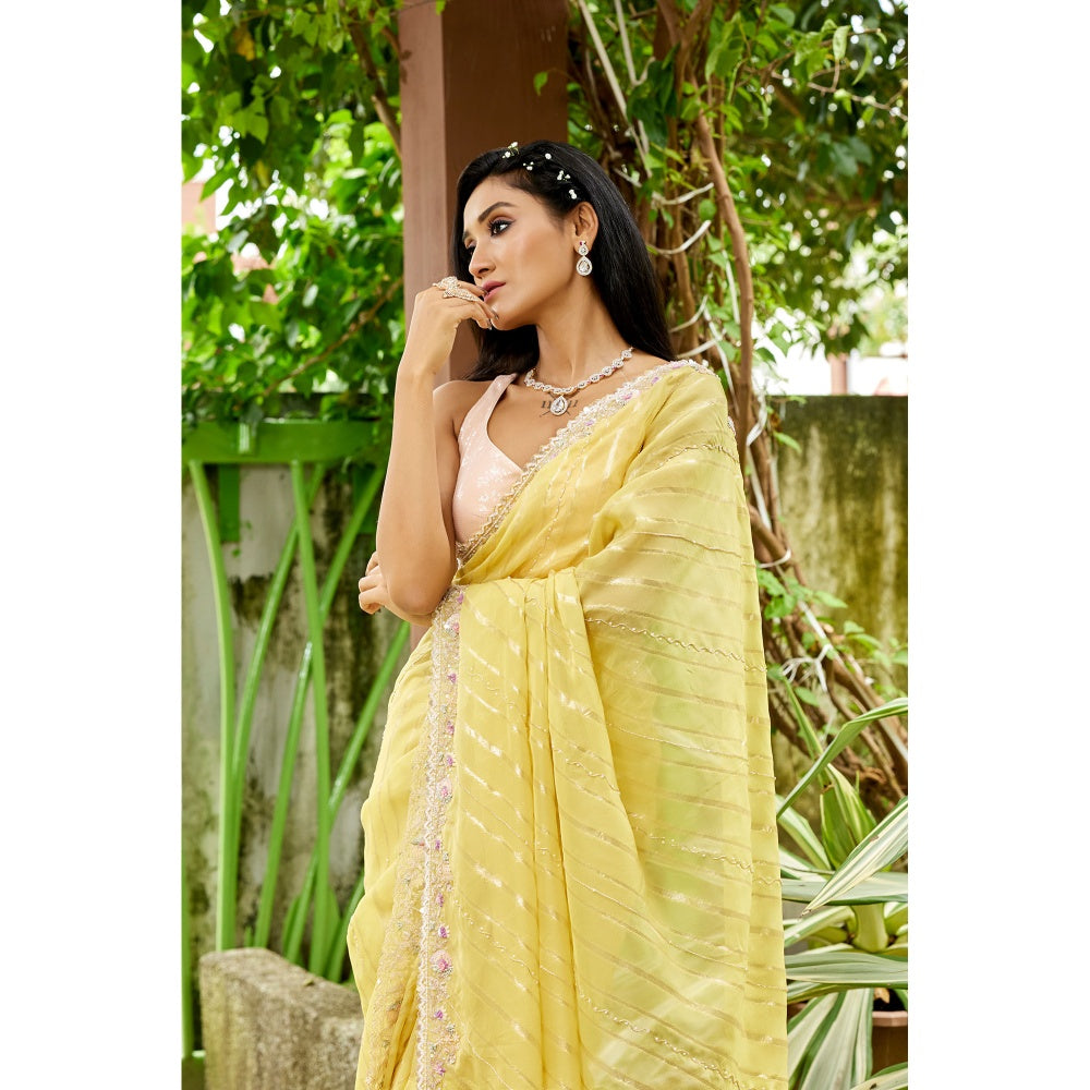 Aparnaa Yellow Viscose Khaddi Hand embroidered Dabka Saree with Unstitched Blouse