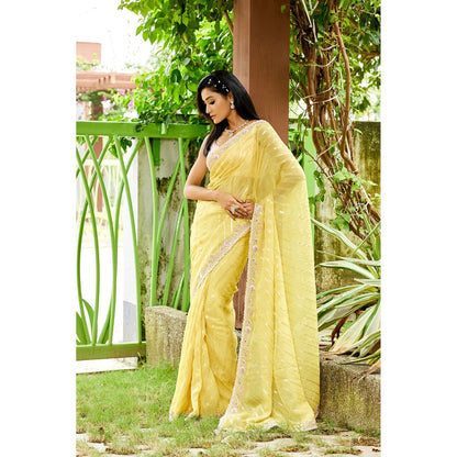 Aparnaa Yellow Viscose Khaddi Hand embroidered Dabka Saree with Unstitched Blouse