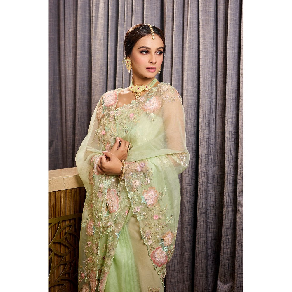 Aparnaa Green Patchwork Organza Hand Embroidered Sequins Saree with Unstitched Blouse