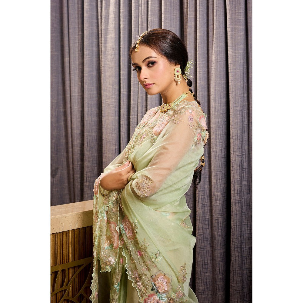 Aparnaa Green Patchwork Organza Hand Embroidered Sequins Saree with Unstitched Blouse