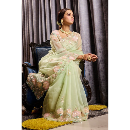 Aparnaa Green Patchwork Organza Hand Embroidered Sequins Saree with Unstitched Blouse