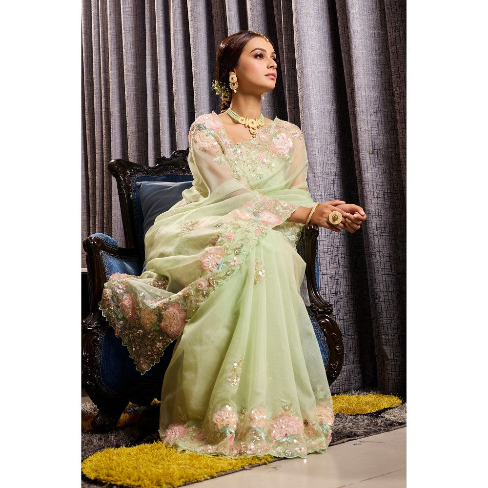 Aparnaa Green Patchwork Organza Hand Embroidered Sequins Saree with Unstitched Blouse