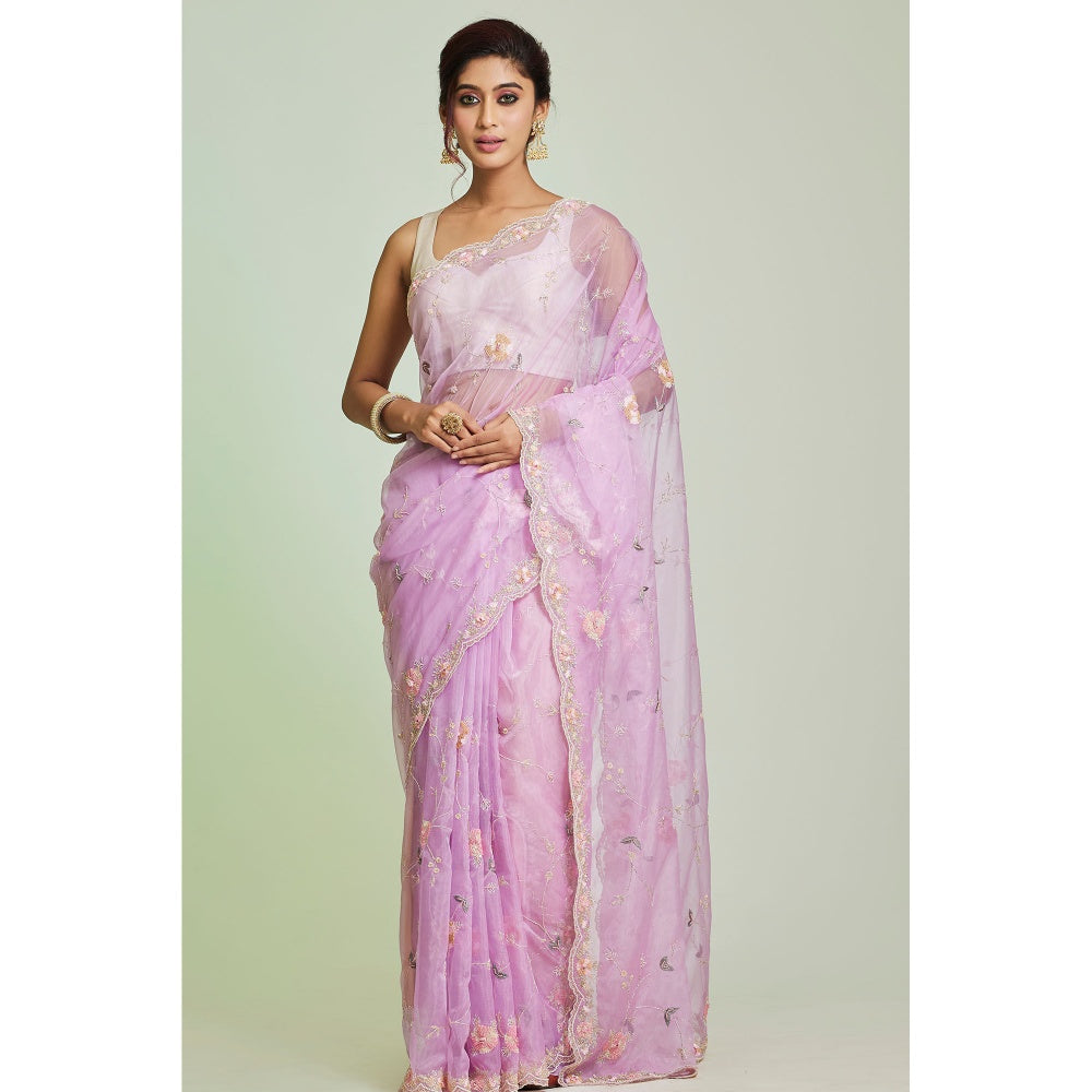 Aparnaa Lavender Organza Hand Embroidered Pearl Thread Work Saree with Unstitched Blouse