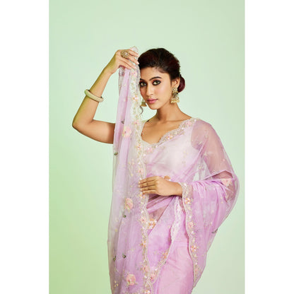 Aparnaa Lavender Organza Hand Embroidered Pearl Thread Work Saree with Unstitched Blouse